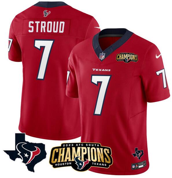 Men's Houston Texans #7 C.J. Stroud Red 2023 F.U.S.E. AFC South Champions Patch And Team Logo Patch Vapor Untouchable Limited Football Stitched Jersey